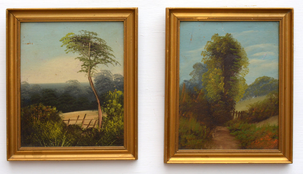 Country Views Pair of Antique Landscape Oil Paintings Framed