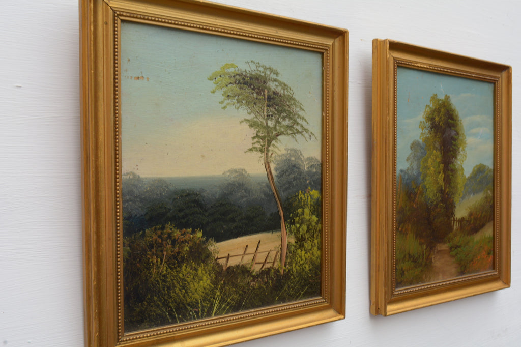 Country Views Pair of Antique Landscape Oil Paintings Framed