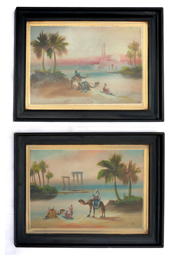 Pair Large Egyptian Antique Watercolour Paintings Framed
