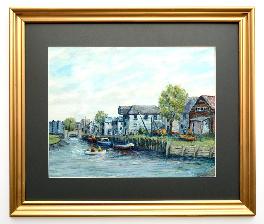 River Landscape Boats Wharfside Vintage Oil Painting Framed