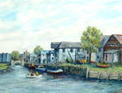 River Landscape Boats Wharfside Vintage Oil Painting Framed