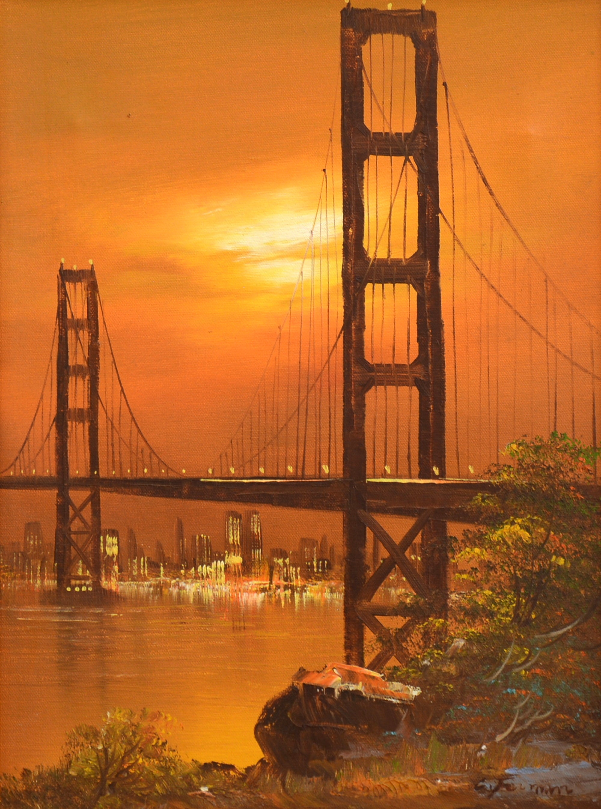 Golden Gate Bridge San Francisco Landscape Vintage Oil Painting Framed