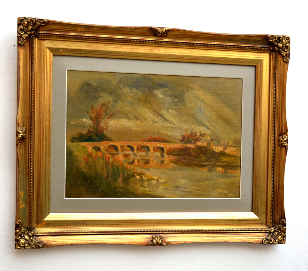 English Country River Landscape Vintage Oil Painting Framed