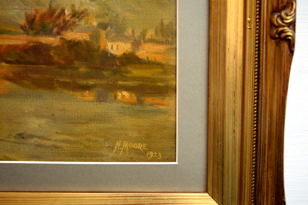 English Country River Landscape Vintage Oil Painting Framed