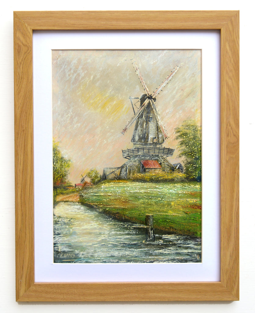 Dutch Windmill River Landscape Vintage Oil Painting Framed