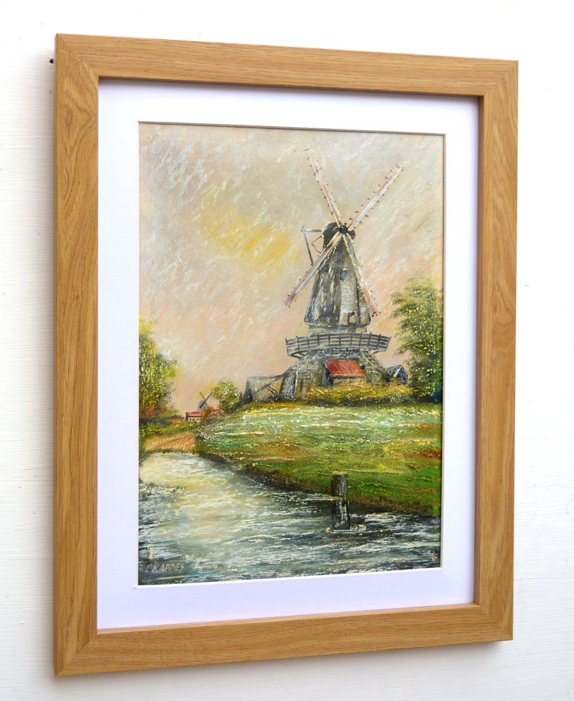 Dutch Windmill River Landscape Vintage Oil Painting Framed