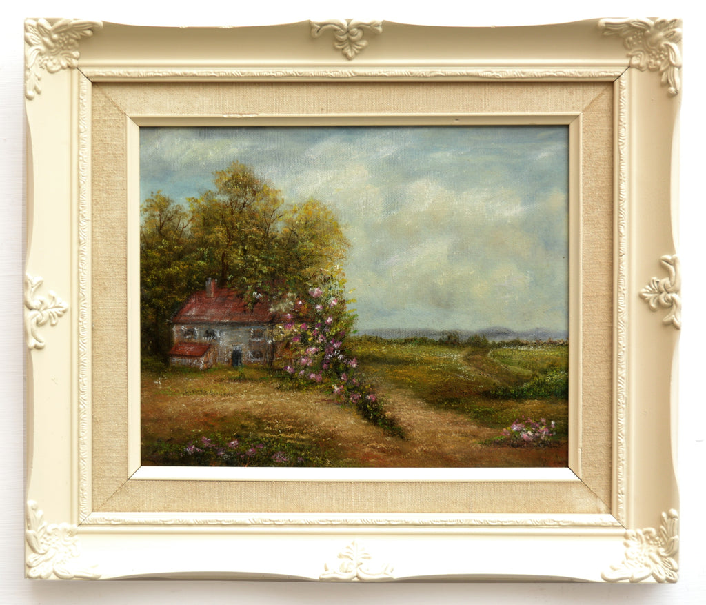 French Farmhouse Landscape Vintage Oil Painting Framed