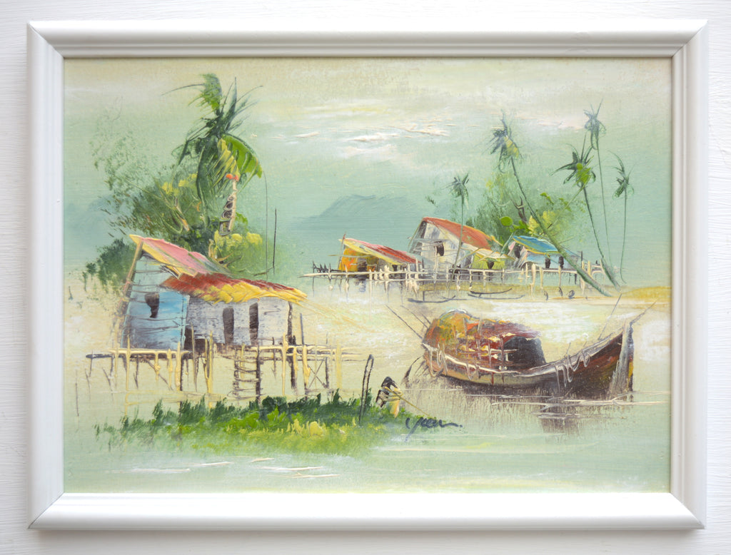 Pair Vintage Framed Oil Paintings Oriental Fishing Village Boats