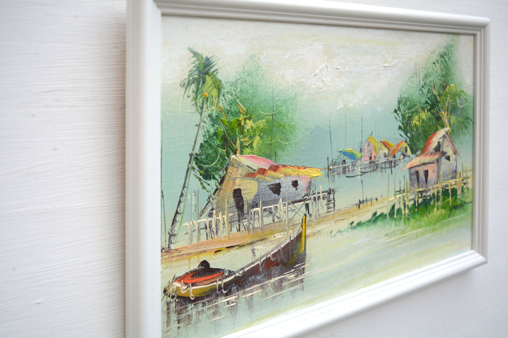 Pair Vintage Framed Oil Paintings Oriental Fishing Village Boats
