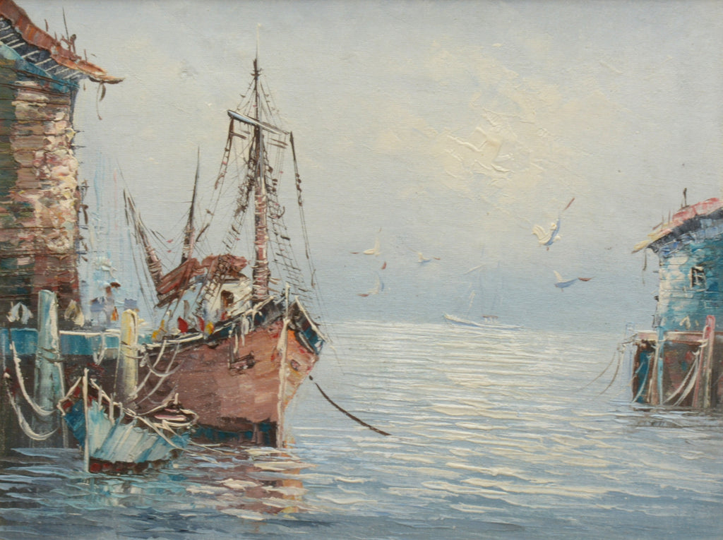 Fishing Boats Seascape Oil Painting Ocean Wall Art Wharfside Framed