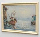 Fishing Boats Seascape Oil Painting Ocean Wall Art Wharfside Framed