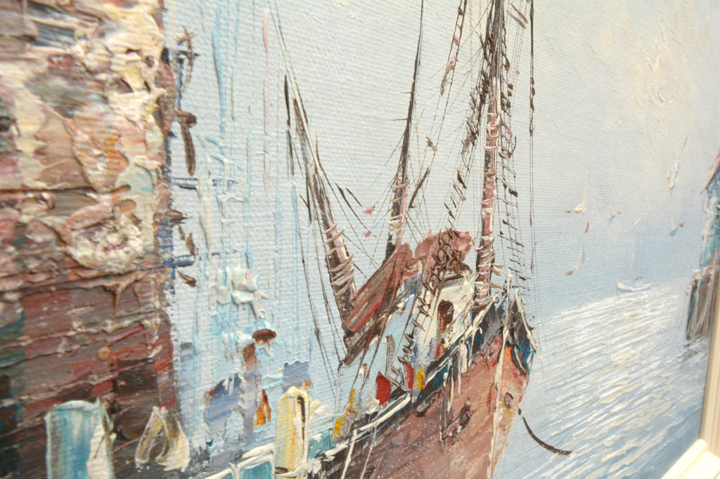 Fishing Boats Seascape Oil Painting Ocean Wall Art Wharfside Framed