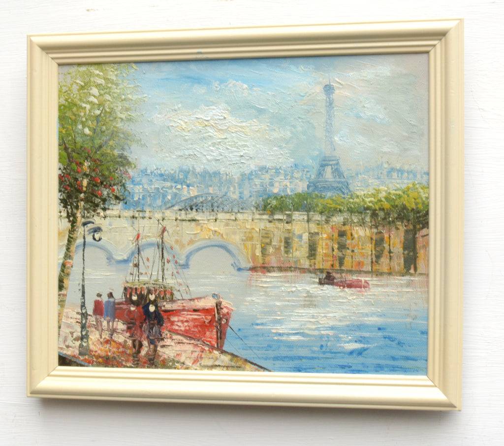 Paris Oil Painting Framed Vintage River Seine Eiffel Tower