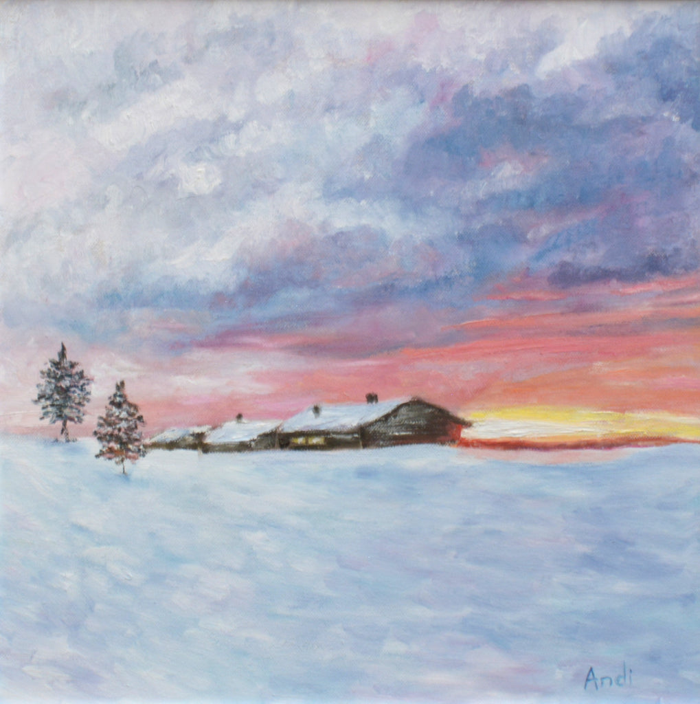 Log Cabin Snowscene Winter Landscape Oil Painting by Andi Lucas