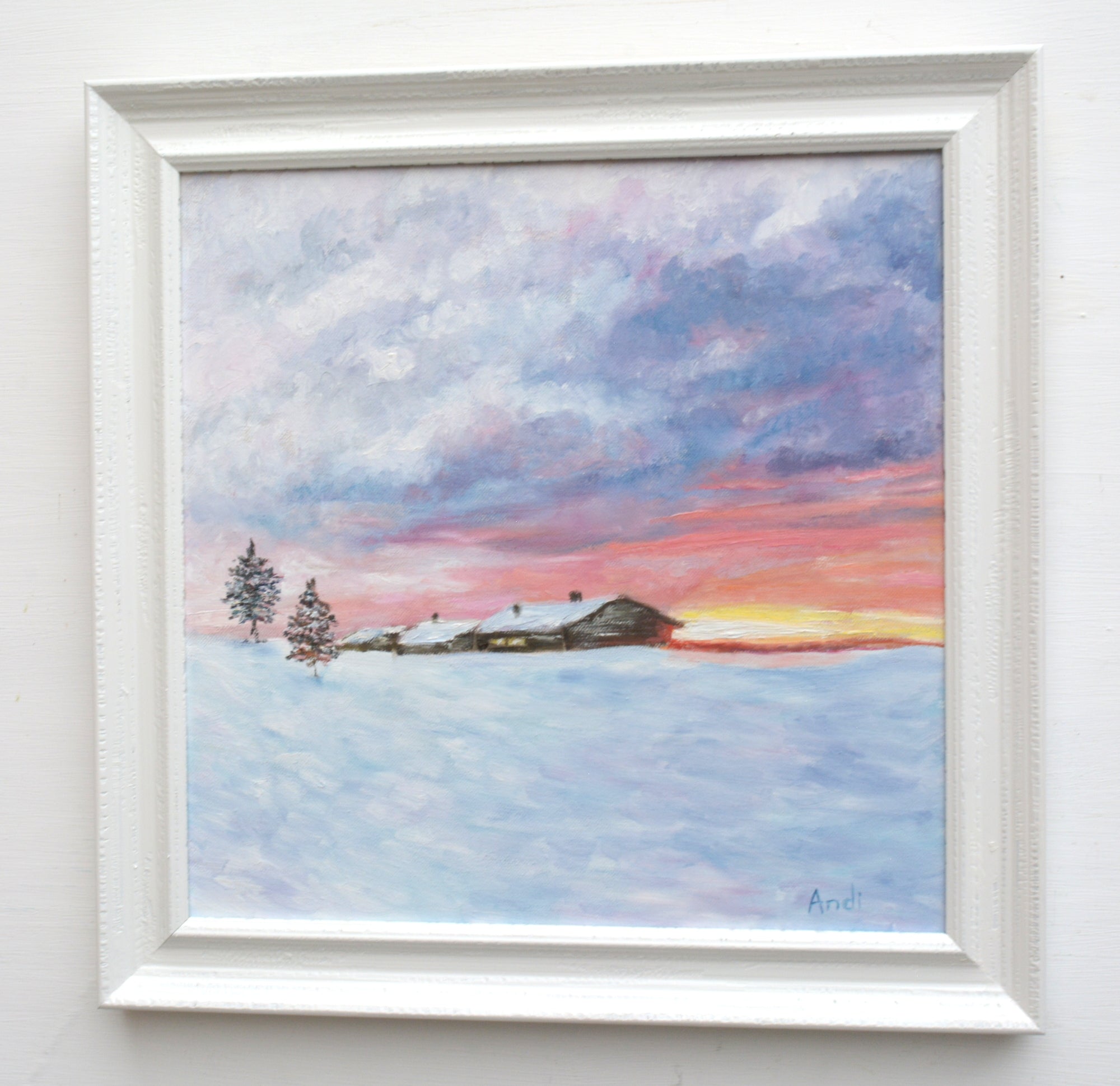 Log Cabin Snowscene Winter Landscape Oil Painting by Andi Lucas