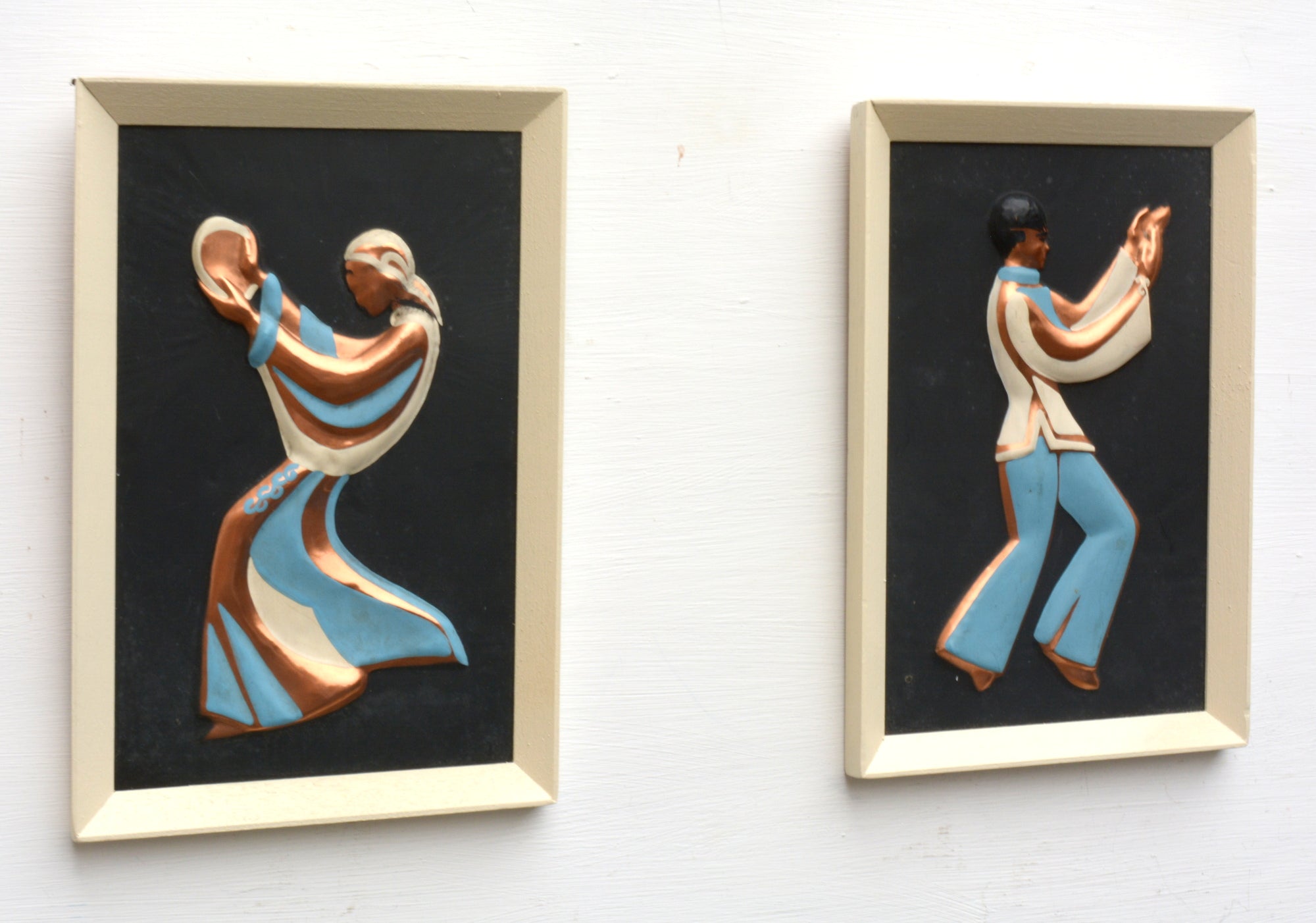 Pair of Embossed Copper Vintage Israeli Rikuah Paintings Dancers Framed