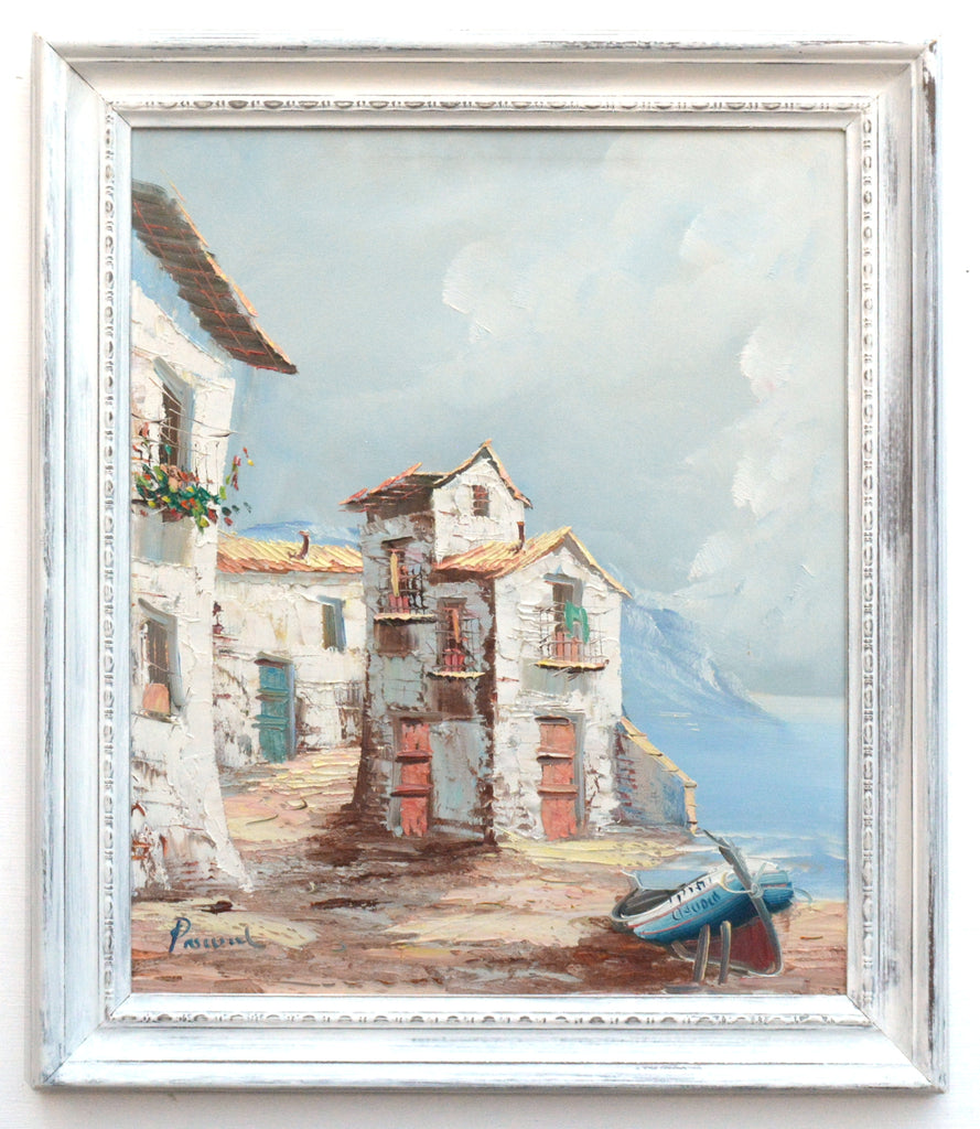 Spanish Coastal Village Scene Oil Painting Framed Original Vintage Architecture