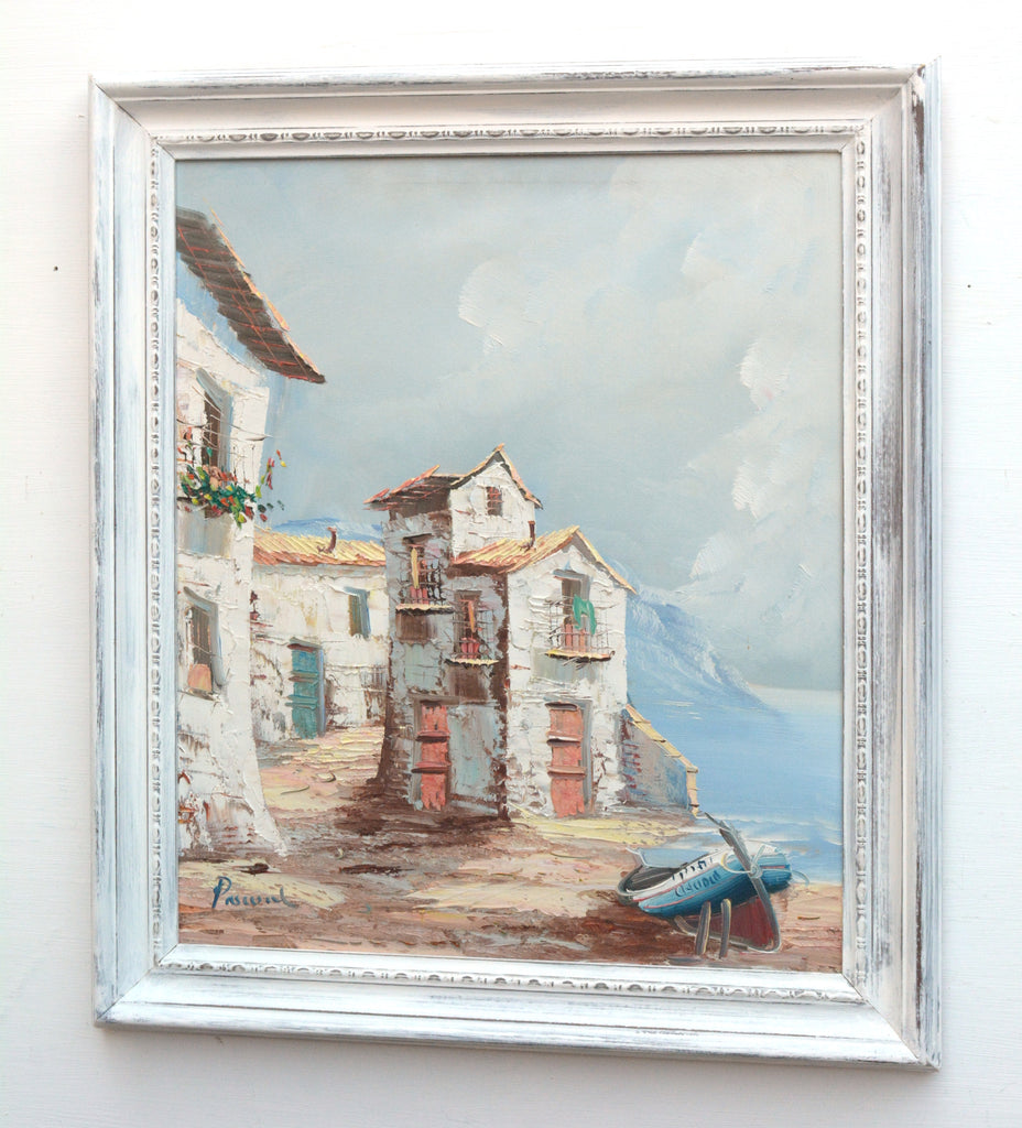 Spanish Coastal Village Scene Oil Painting Framed Original Vintage Architecture