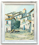 Spanish Village Scene Oil Painting Framed Vintage Architecture