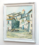 Spanish Village Scene Oil Painting Framed Vintage Architecture