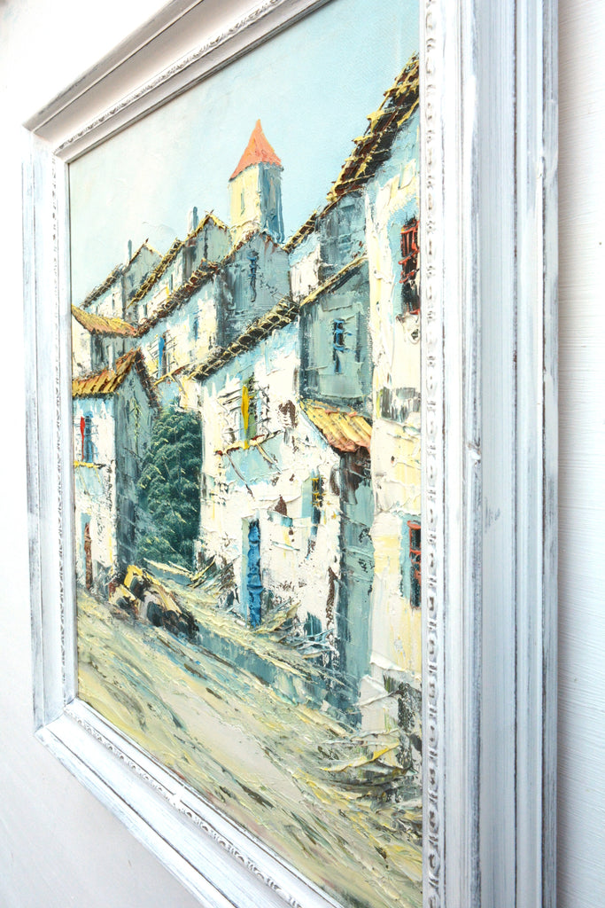 Spanish Village Scene Oil Painting Framed Vintage Architecture