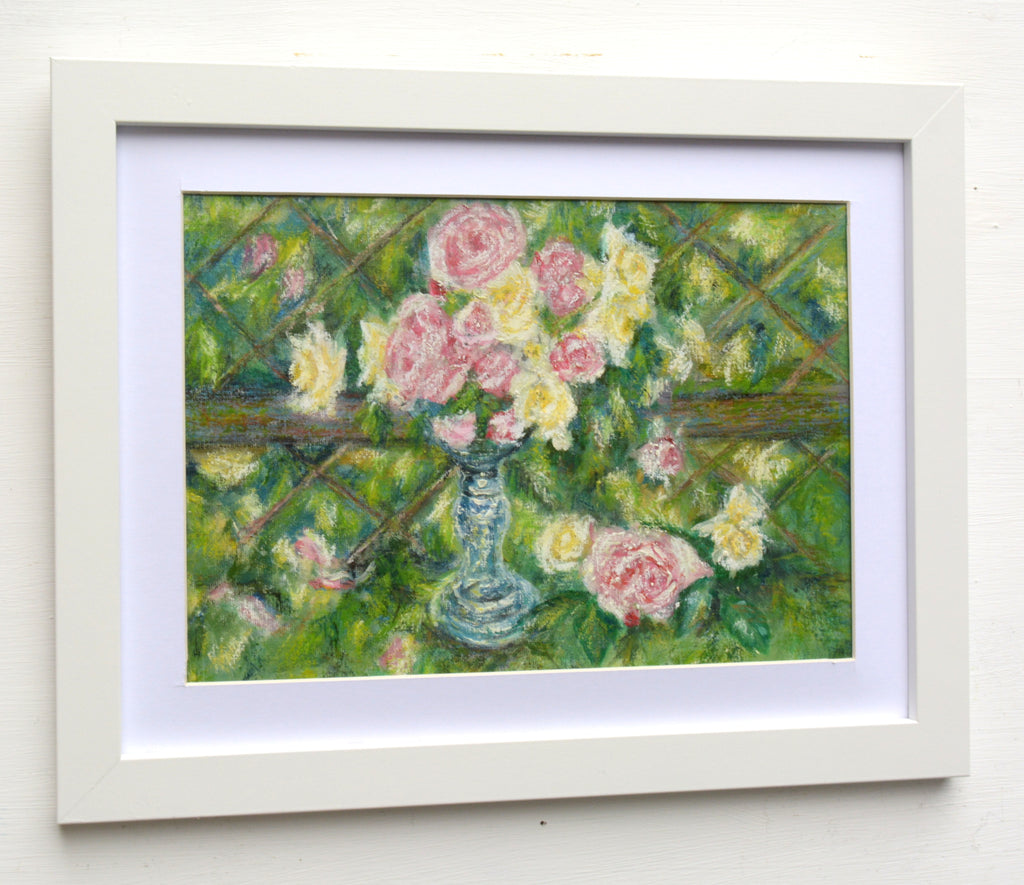 Yellow Pink Roses Floral Vintage Oil Painting Framed