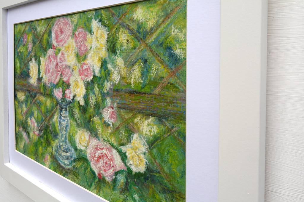 Yellow Pink Roses Floral Vintage Oil Painting Framed