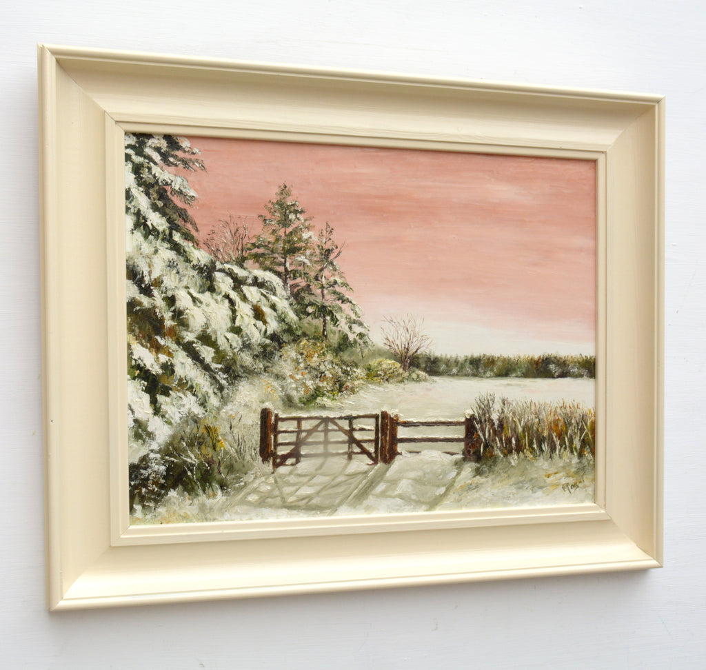 Winter Sunset Vintage Landscape Oil Painting Farmed Snowscape