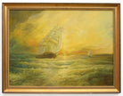 Large Seascape Sunset Oil Painting Vintage Sailing Boats Signed Framed