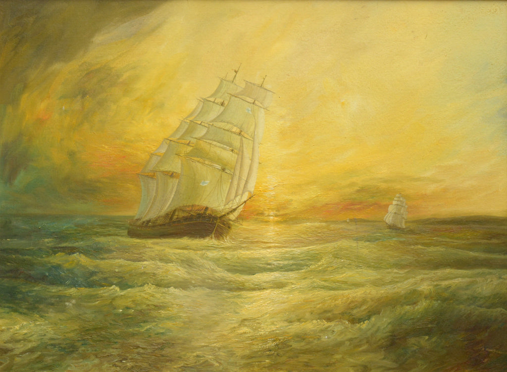 Large Seascape Sunset Oil Painting Vintage Sailing Boats Signed Framed