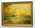 Large Seascape Sunset Oil Painting Vintage Sailing Boats Signed Framed