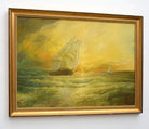 Large Seascape Sunset Oil Painting Vintage Sailing Boats Signed Framed