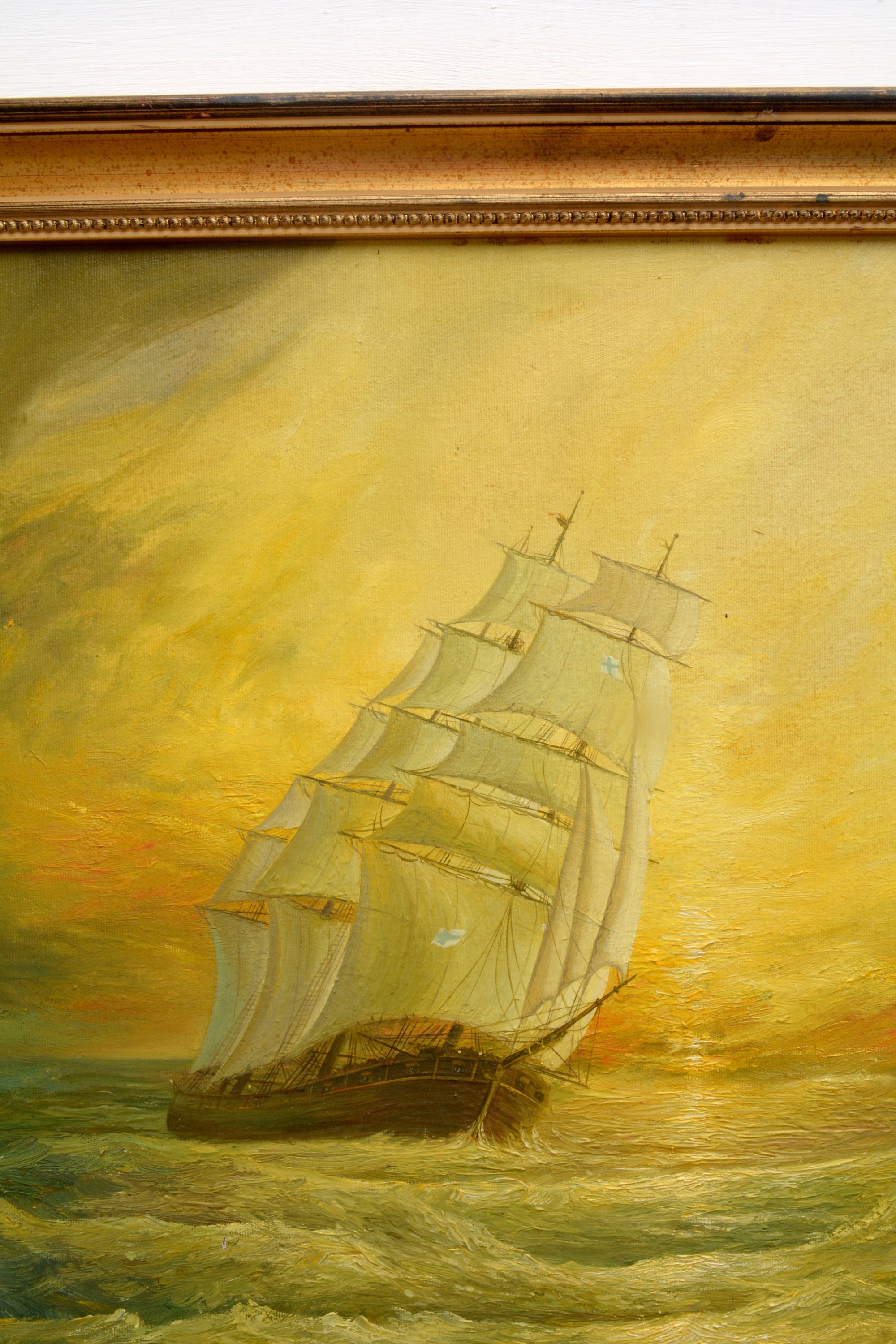 Large Seascape Sunset Oil Painting Vintage Sailing Boats Signed Framed