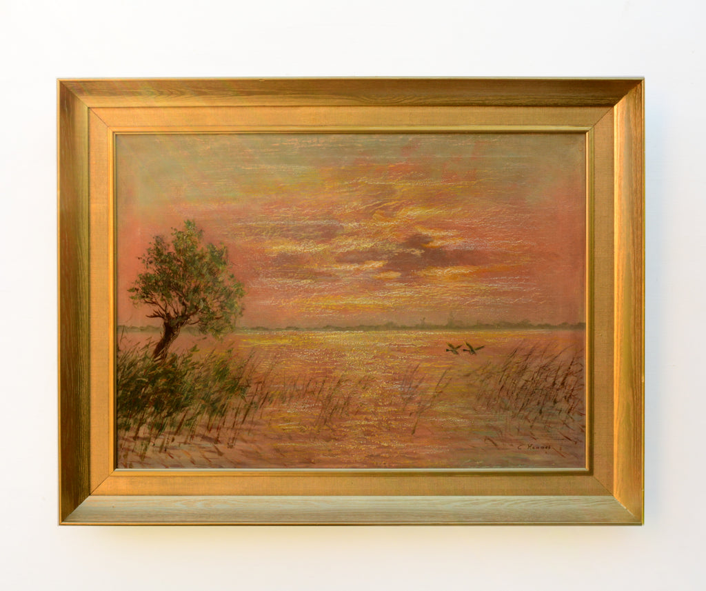 Norfolk Broads Sunset Large Vintage Oil Painting Signed Framed