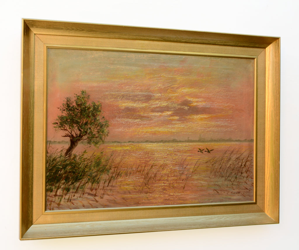 Norfolk Broads Sunset Large Vintage Oil Painting Signed Framed