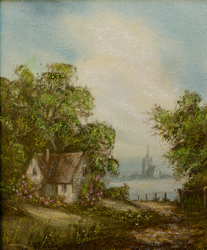 English Country Cottage Landscape Vintage Oil Painting Framed