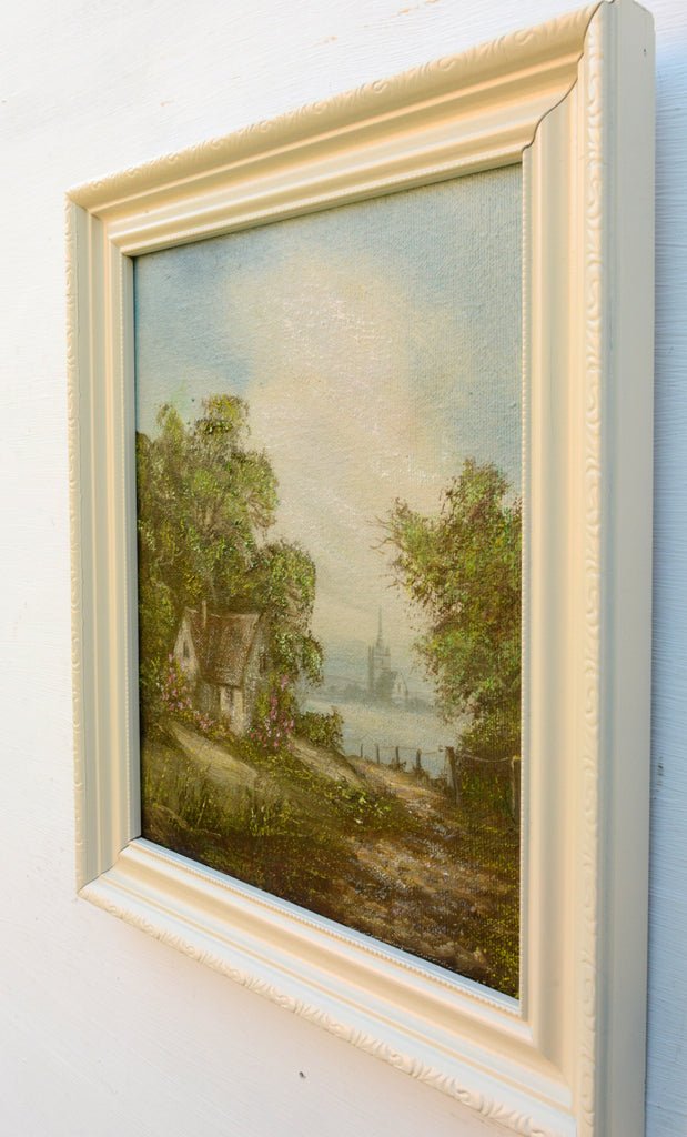 English Country Cottage Landscape Vintage Oil Painting Framed