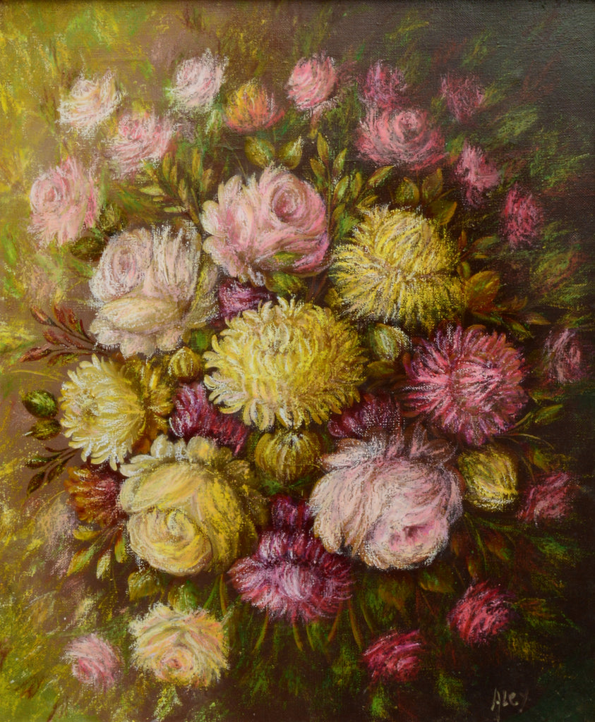 Roses Chrysanthemums Still Life Floral Vintage Oil Painting Framed