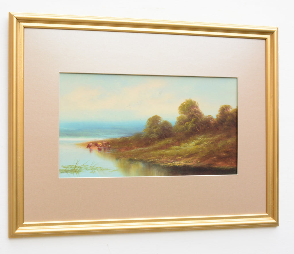 English Landscape Vintage Oil Painting Lakeside Cattle Framed Antique oil painting  