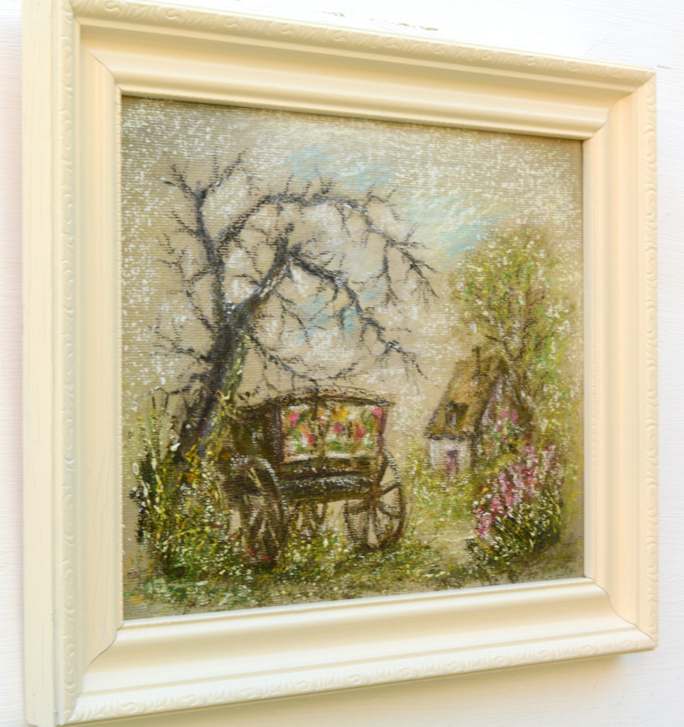 English Country Cottage Landscape Vintage Oil Painting Farm Cart Framed Painting