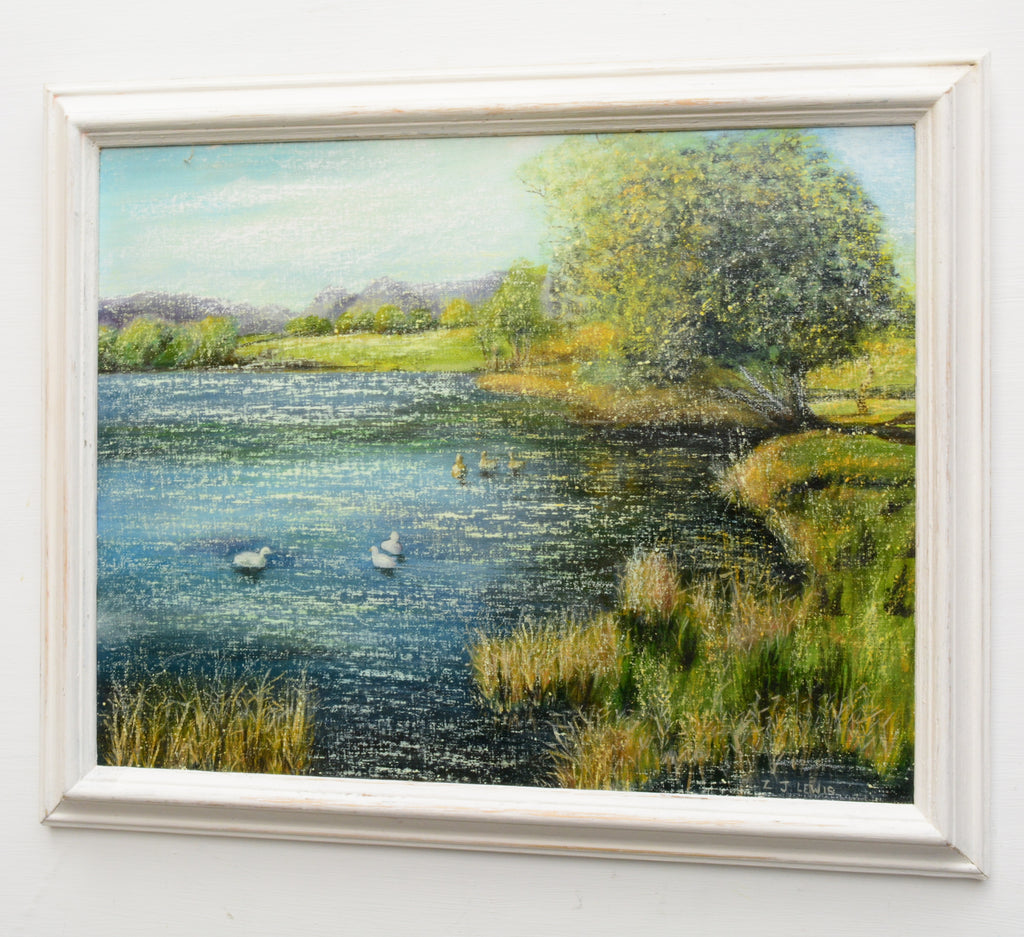 Duck Pond English Landscape Vintage Oil Painting Lakeside Wildlife Framed oil painting  