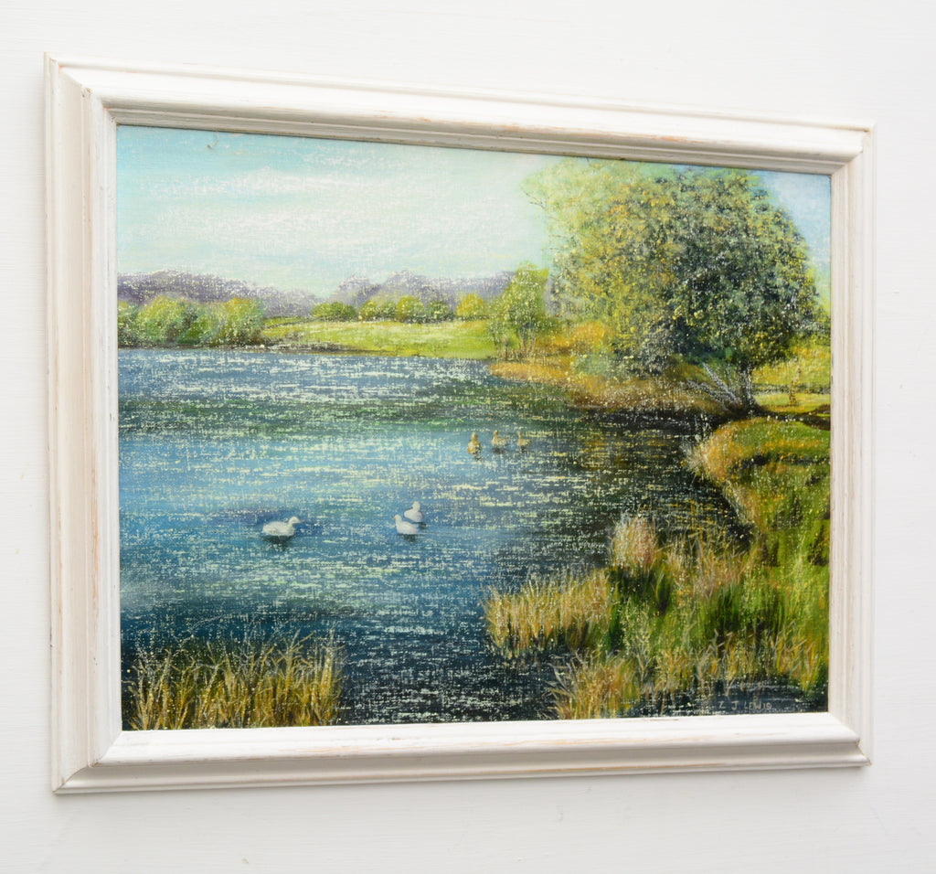 Duck Pond English Landscape Vintage Oil Painting Lakeside Wildlife Framed oil painting  