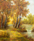 English Forest Landscape Riverbank Path Vintage Oil Painting Framed