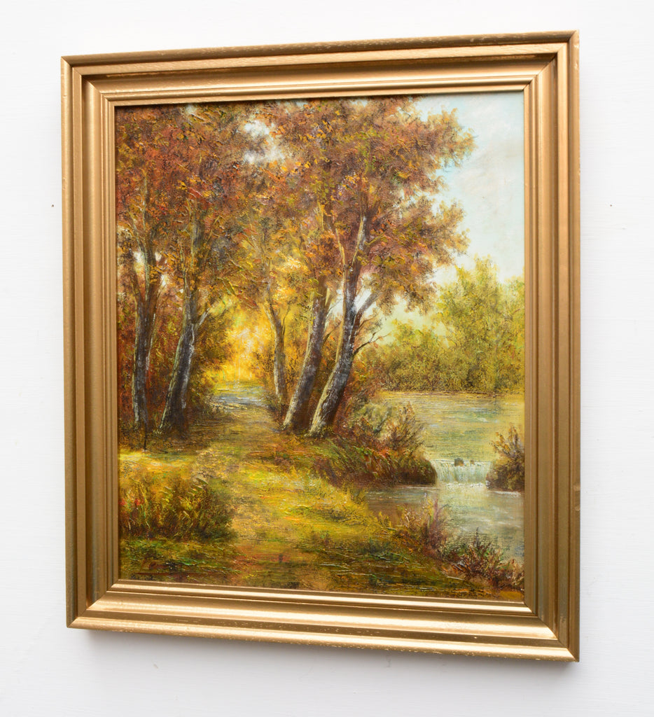 English Forest Landscape Riverbank Path Vintage Oil Painting Framed