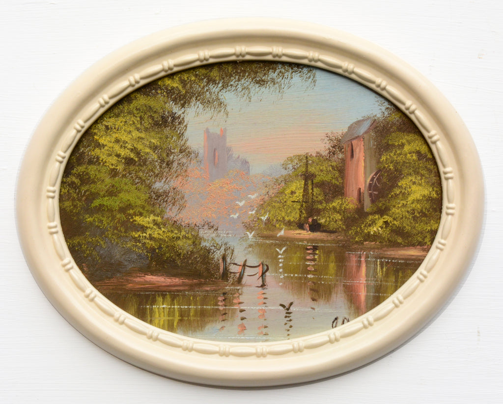English River Landscape Vintage Watermill Oil Painting Framed Oval
