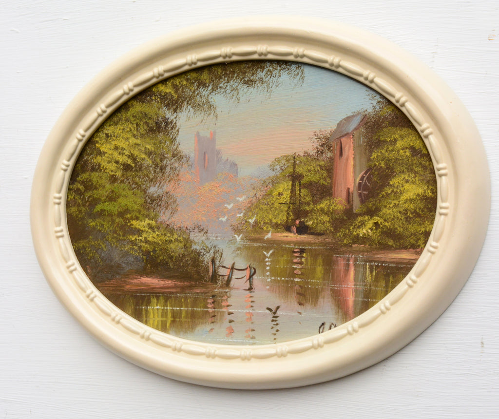 English River Landscape Vintage Watermill Oil Painting Framed Oval