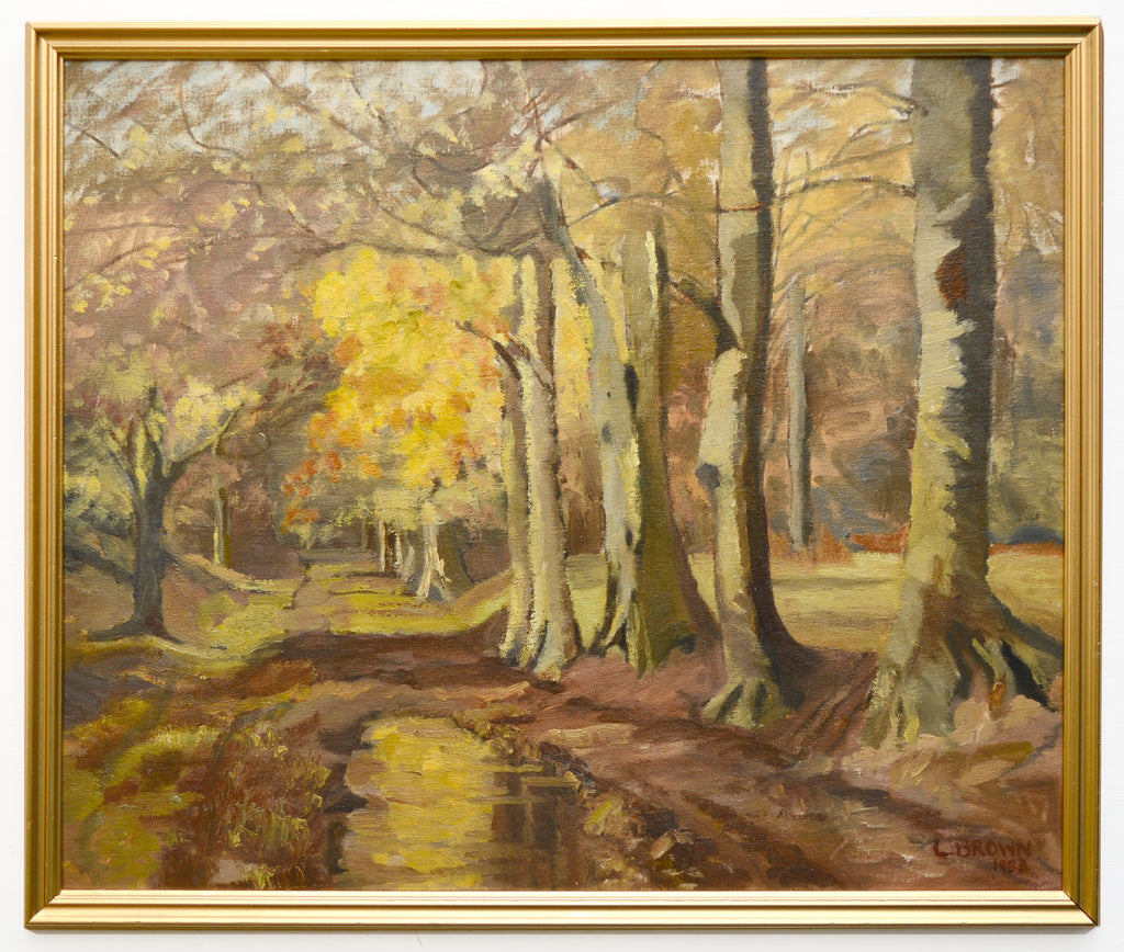 English Forest Landscape Woodland Track Vintage Oil Painting Framed Signed 