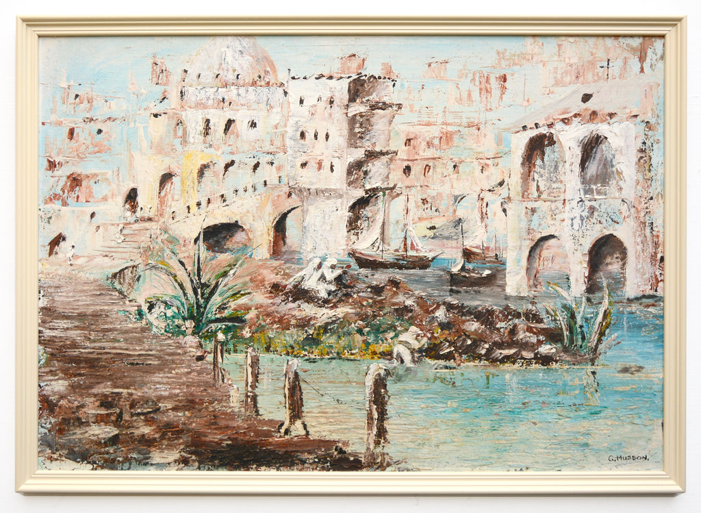 Arabian Fishing Village Vintage Oil Painting Framed Signed Islamic Arab Architecture  