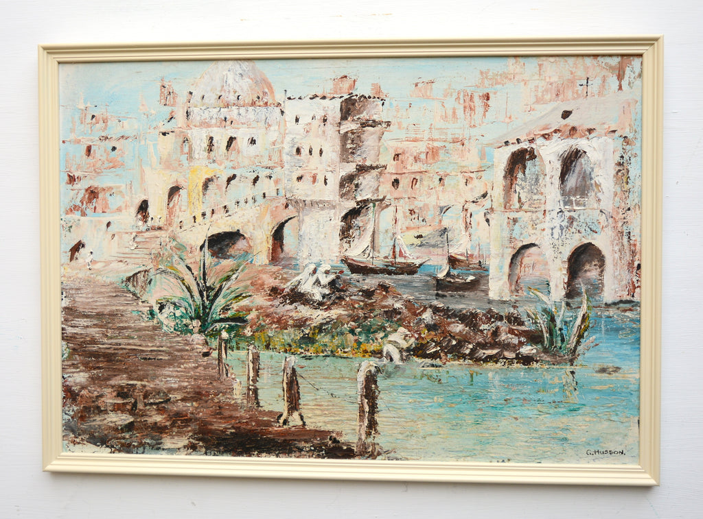 Arabian Fishing Village Vintage Oil Painting Framed Signed Islamic Arab Architecture  