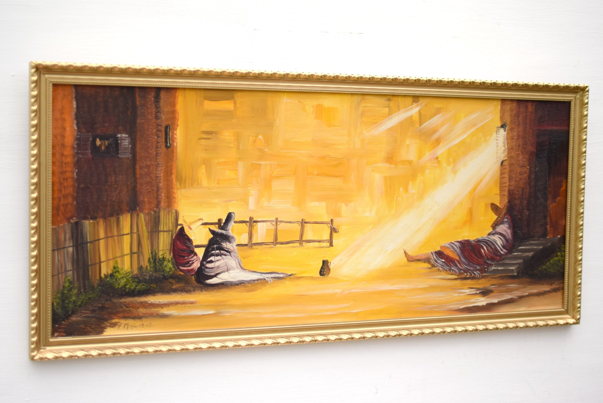 Mexican Siesta Vintage Oil Painting Sombrero Golden Light